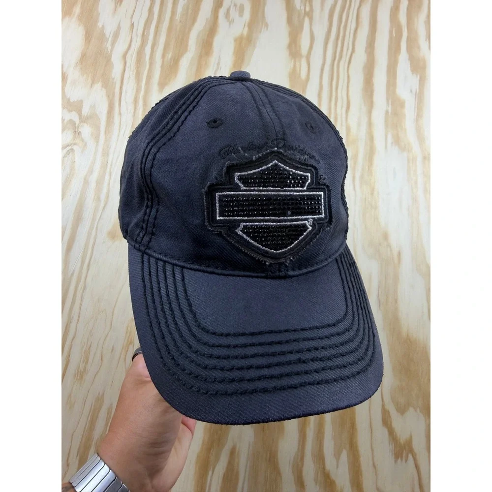 Harley-Davidson Womens Black Distressed Studded Bar & Shield Logo Baseball Hat